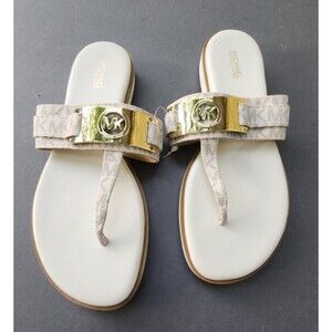 Michael Kors MK Signature Briar Thongs 9 Flat Sandals Shoes  White Vanilla Gold